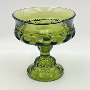 Vintage 1960s Indiana Glass Kings Crown Thumbprint Green Compote Candy Dish